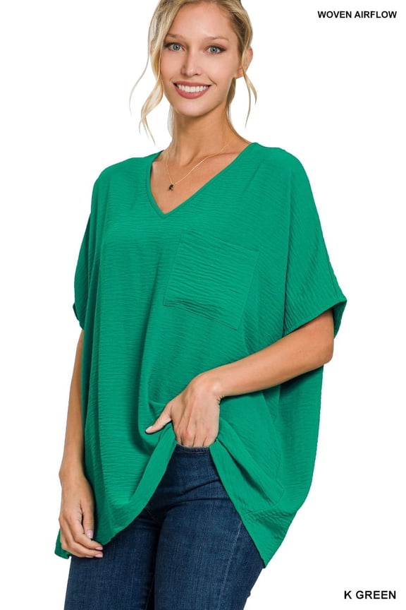 Women & Plus V Neck Woven Airflow Dolman Short Sleeve Blouse Top with Front Pocket