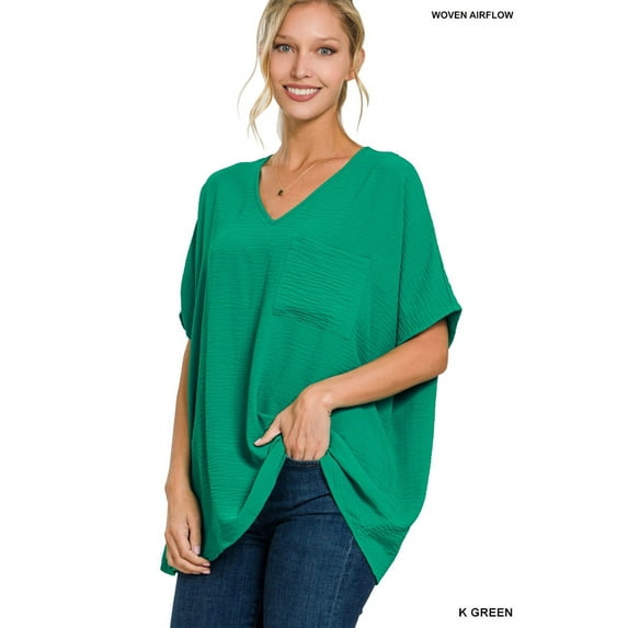 Zenana Women & Plus V Neck Woven Airflow Dolman Short Sleeve Blouse Top with Front Pocket