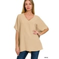 thumbnail image 1 of Zenana Women & Plus V Neck Woven Airflow Dolman Short Sleeve Blouse Top with Front Pocket, 1 of 4