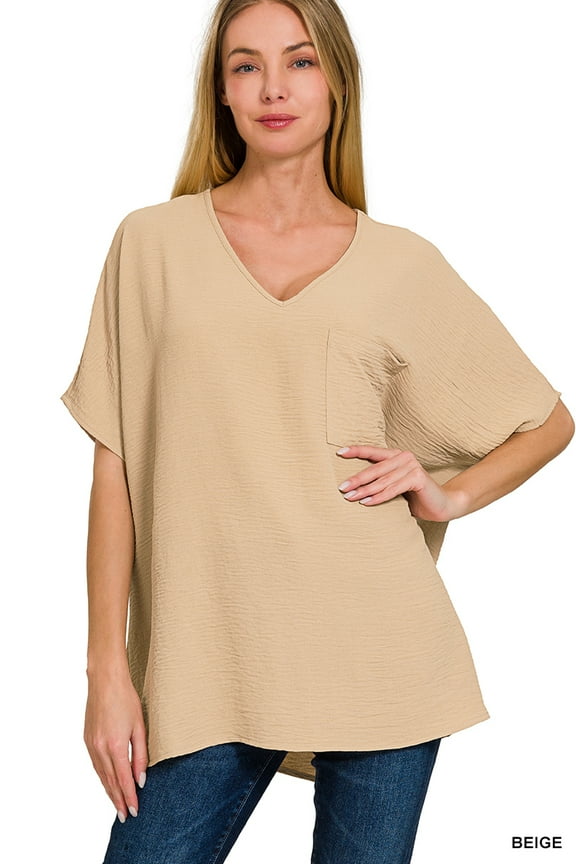 Women & Plus V Neck Woven Airflow Dolman Short Sleeve Blouse Top with Front Pocket