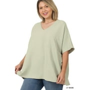 Zenana Women & Plus V Neck Woven Airflow Dolman Short Sleeve Blouse Top with Front Pocket