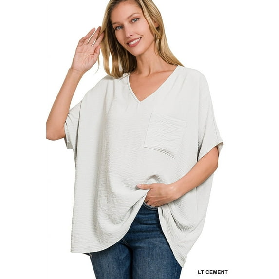 Zenana Women & Plus V Neck Woven Airflow Dolman Short Sleeve Blouse Top with Front Pocket