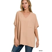 Zenana Women & Plus V Neck Woven Airflow Dolman Short Sleeve Blouse Top with Front Pocket