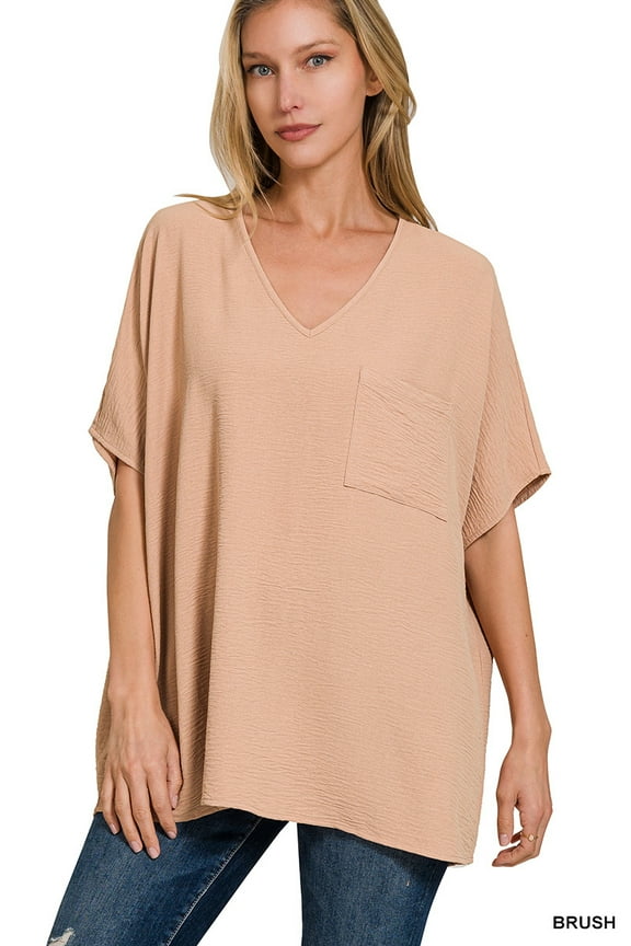 Women & Plus V Neck Woven Airflow Dolman Short Sleeve Blouse Top with Front Pocket