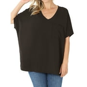 ZENANA Women & Plus V Neck Woven Airflow Dolman Short Sleeve Blouse Top with Front Pocket