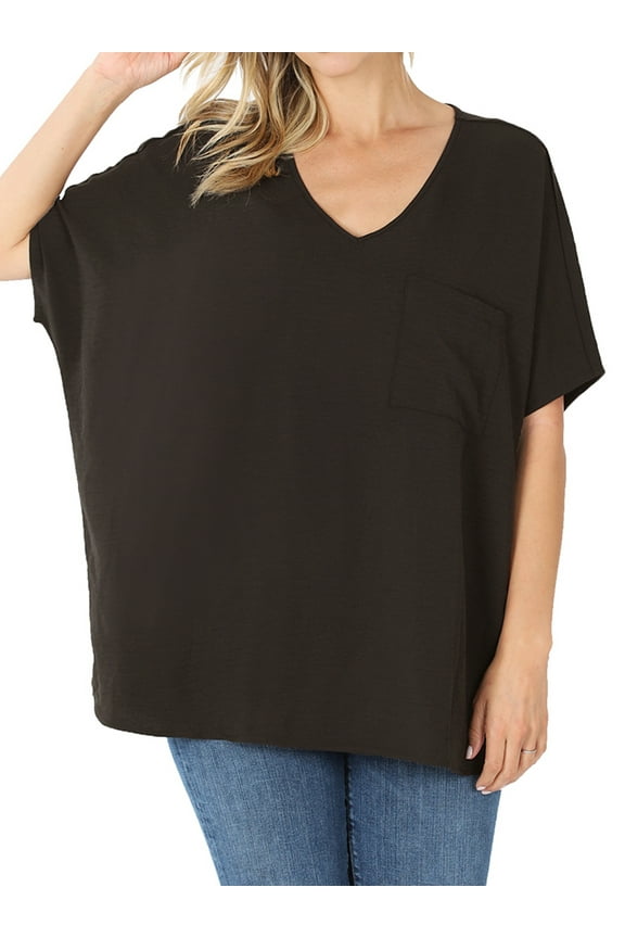 Women & Plus V Neck Woven Airflow Dolman Short Sleeve Blouse Top with Front Pocket