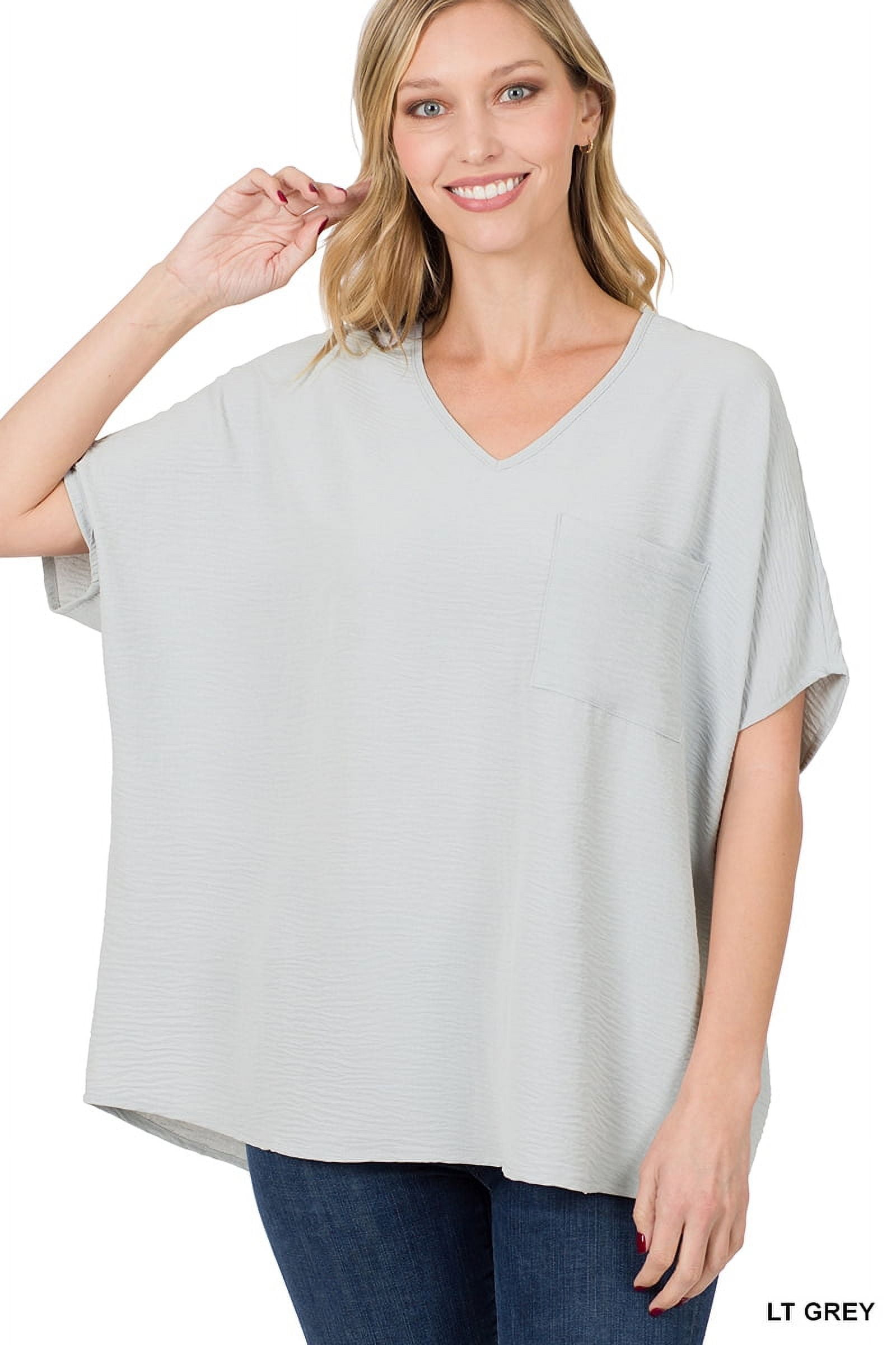 Zenana Women & Plus V Neck Woven Airflow Dolman Short Sleeve Blouse Top  with Front Pocket