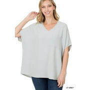 ZENANA Women & Plus V Neck Woven Airflow Dolman Short Sleeve Blouse Top with Front Pocket