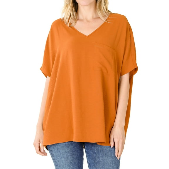 Zenana Women & Plus V Neck Woven Airflow Dolman Short Sleeve Blouse Top with Front Pocket
