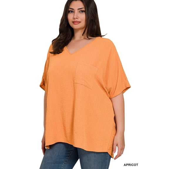 Zenana Women & Plus V Neck Woven Airflow Dolman Short Sleeve Blouse Top with Front Pocket