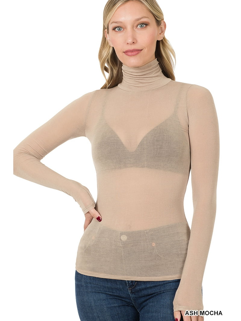 Zenana Women Sheer Long Sleeve Sexy Mesh Turtleneck Blouse Shirt