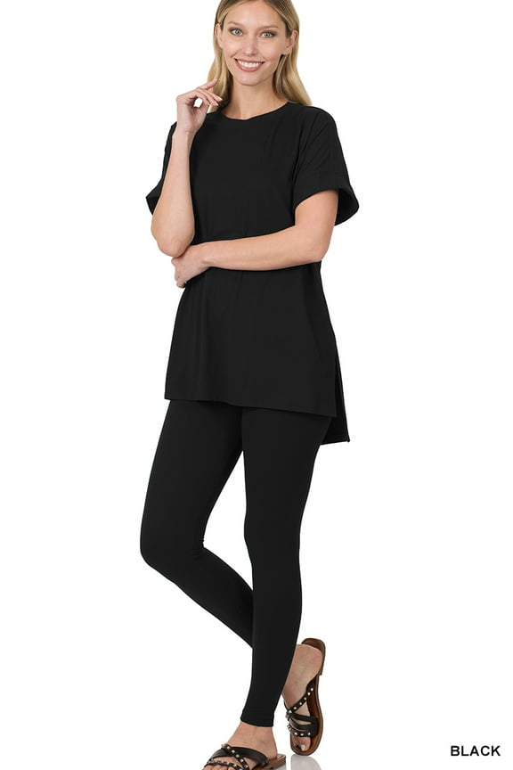 Women's Brushed DTY Microfier Round Neck Short Sleeve Hi-Low Hem & Full Length Leggings Loungewear Set