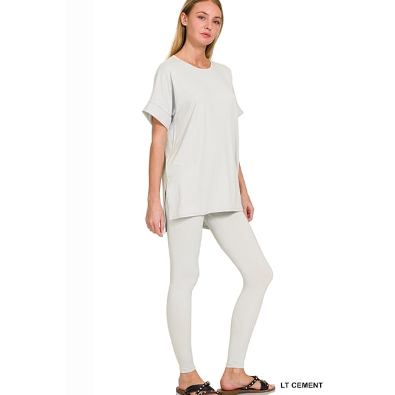 Zenana Women's Brushed DTY Microfier Round Neck Short Sleeve Hi-Low Hem & Full Length Leggings Loungewear Set