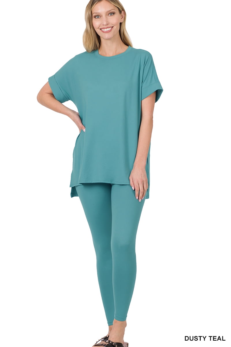 Zenana Good Mood Vibes Microfiber Round Neck Top and Leggings Set in Light Navy main image 1