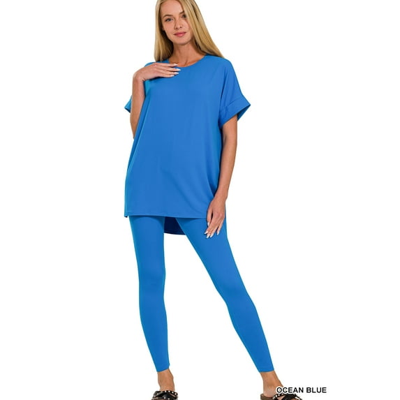 Zenana Women's Brushed DTY Microfier Round Neck Short Sleeve Hi-Low Hem & Full Length Leggings Loungewear Set