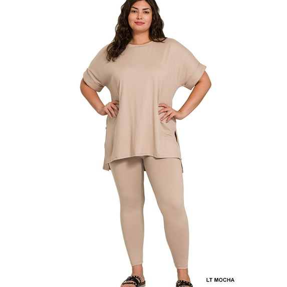 Zenana Women's Brushed DTY Microfier Round Neck Short Sleeve Hi-Low Hem & Full Length Leggings Loungewear Set