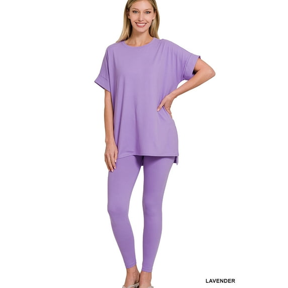 Zenana Women's Brushed DTY Microfier Round Neck Short Sleeve Hi-Low Hem & Full Length Leggings Loungewear Set