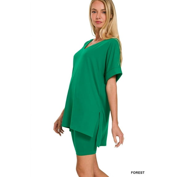 Zenana Women's Brushed DTY Microfier V-Neck Short Sleeve Hi-Low Hem & Biker Short Loungewear Set