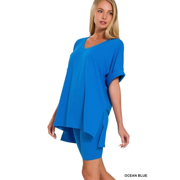 Zenana Women's Brushed DTY Microfier V-Neck Short Sleeve Hi-Low Hem & Biker Short Loungewear Set