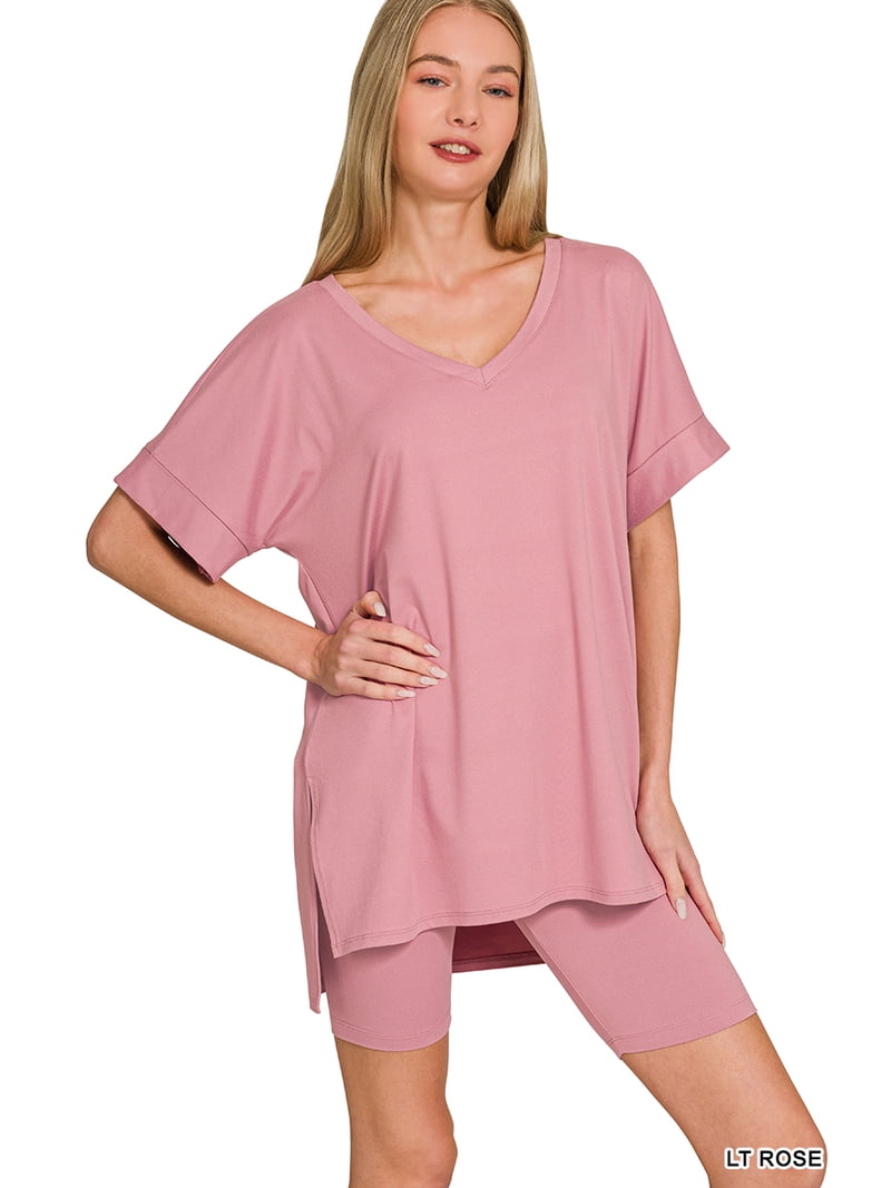 Zenana Women's Brushed DTY Microfier V-Neck Short Sleeve Hi-Low
