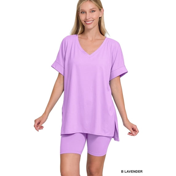 Zenana Women's Brushed DTY Microfier V-Neck Short Sleeve Hi-Low Hem & Biker Short Loungewear Set