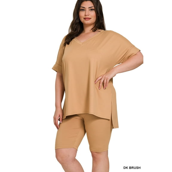 Zenana Women's Brushed DTY Microfier V-Neck Short Sleeve Hi-Low Hem & Biker Short Loungewear Set