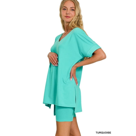 Zenana Women's Brushed DTY Microfier V-Neck Short Sleeve Hi-Low Hem & Biker Short Loungewear Set