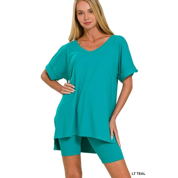 Zenana Women's Brushed DTY Microfier V-Neck Short Sleeve Hi-Low Hem & Biker Short Loungewear Set