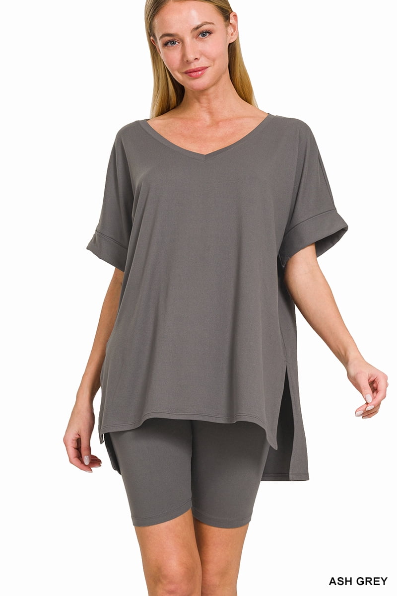 Zenana Women's Brushed DTY Microfier V-Neck Short Sleeve Hi-Low Hem & Biker Short Loungewear Set