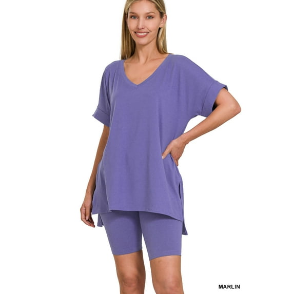 Zenana Women's Brushed DTY Microfier V-Neck Short Sleeve Hi-Low Hem & Biker Short Loungewear Set