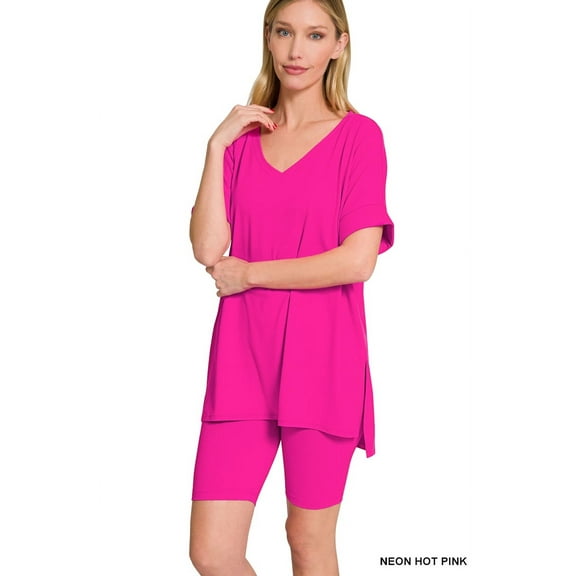 Zenana Women's Brushed DTY Microfier V-Neck Short Sleeve Hi-Low Hem & Biker Short Loungewear Set