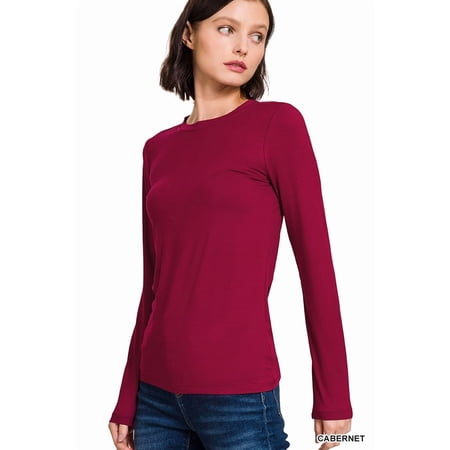 Zenana Women's Brushed Microfiber Lightweight Round Neck Long Sleeve Tee Shirts Top