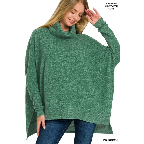 Zenana Women's Casual Brushed Melange Cowl Neck Irregular Hem Oversized Batwing Long Sleeve Poncho Light Sweater