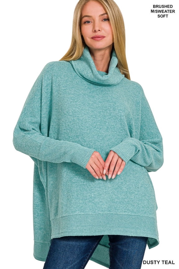 Women's Casual Brushed Melange Cowl Neck Irregular Hem Oversized Batwing Long Sleeve Poncho Light Sweater