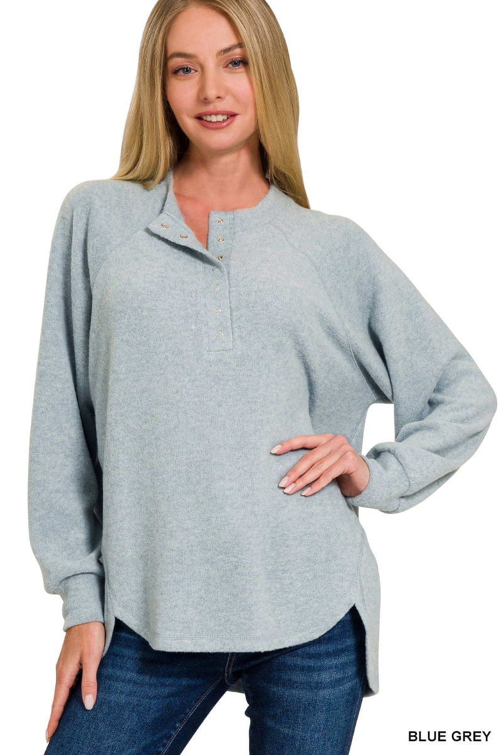 Zenana Women's Casual Brushed Melange Hacci Relaxed Fit 7-Button Henley Placket Light Sweater