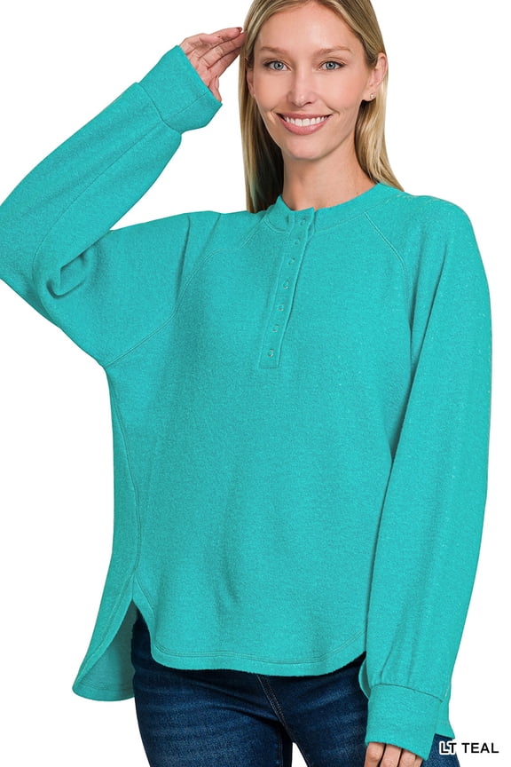 Women's Casual Brushed Melange Hacci Relaxed Fit 7-Button Henley Placket Light Sweater