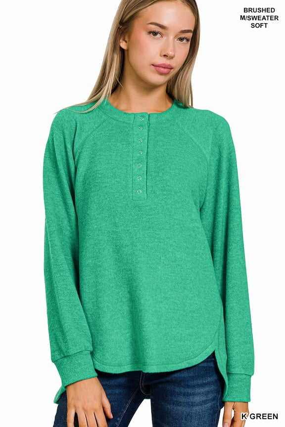 Women's Casual Brushed Melange Hacci Relaxed Fit 7-Button Henley Placket Light Sweater