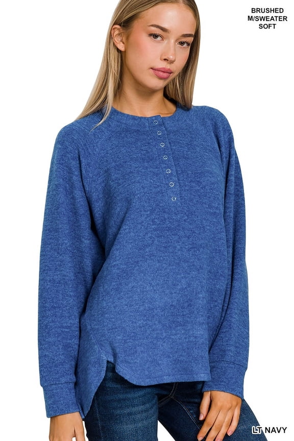 Women's Casual Brushed Melange Hacci Relaxed Fit 7-Button Henley Placket Light Sweater