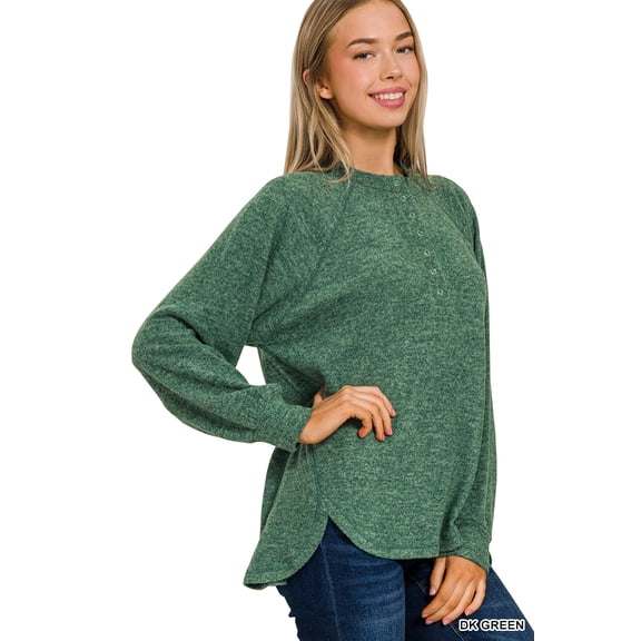 Zenana Women's Casual Brushed Melange Hacci Relaxed Fit 7-Button Henley Placket Light Sweater