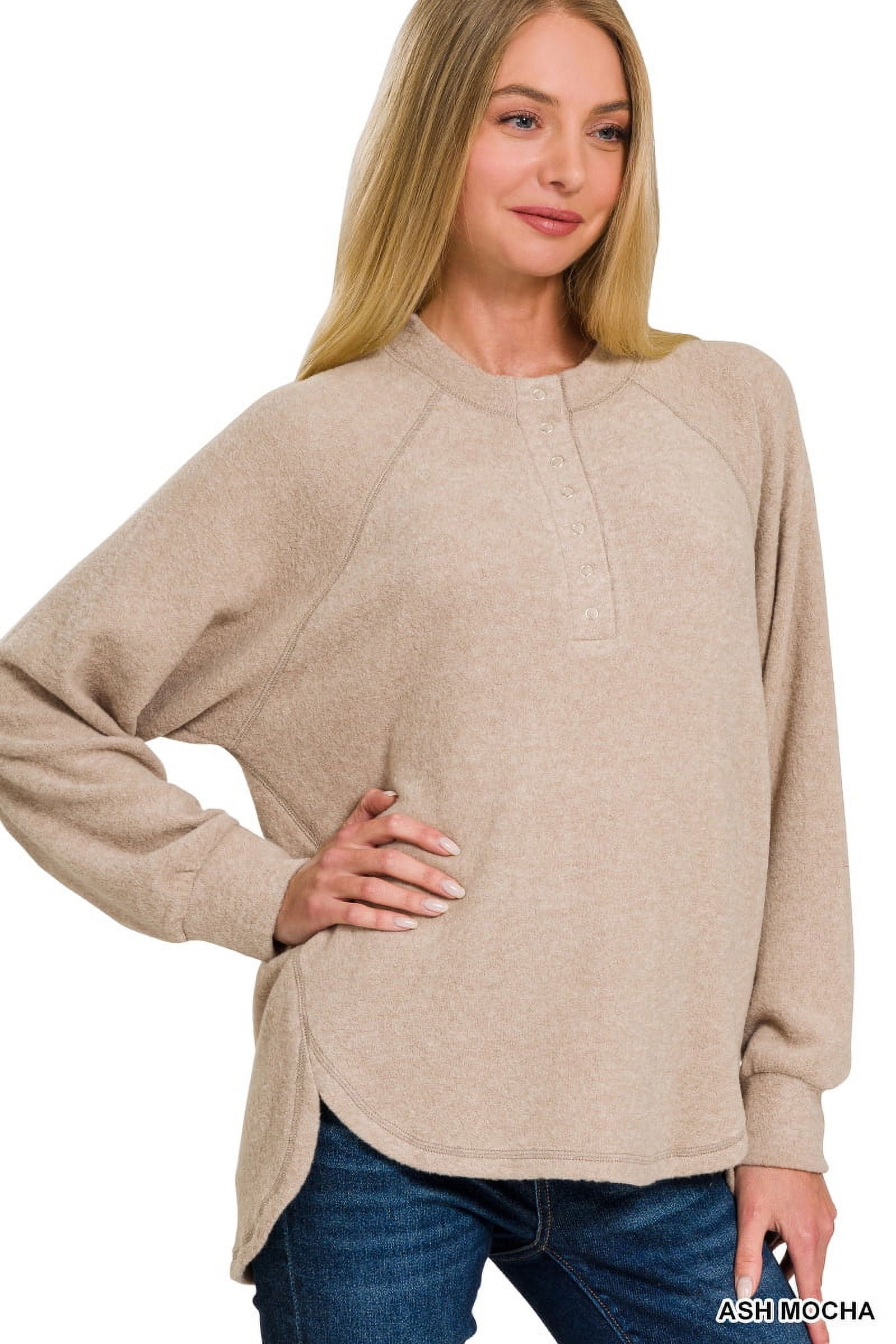 Zenana Women's Casual Brushed Melange Hacci Relaxed Fit 7-Button Henley Placket Light Sweater