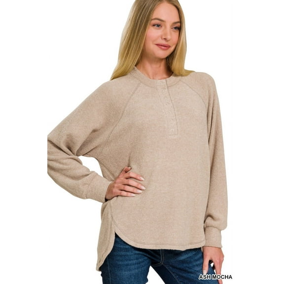 Zenana Women's Casual Brushed Melange Hacci Relaxed Fit 7-Button Henley Placket Light Sweater