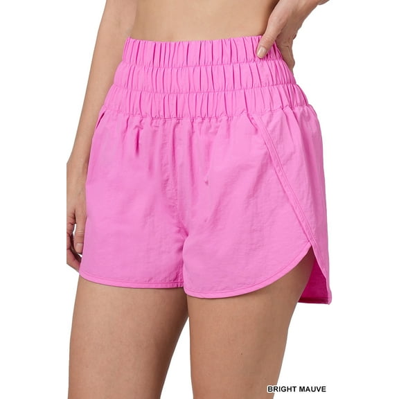 Zenana Women's Casual Windbreaker Smocked Waistband Running Active Gym Shorts w/Built-In Inner Brief