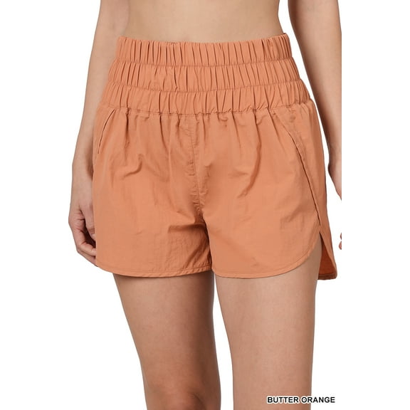 Zenana Women's Casual Windbreaker Smocked Waistband Running Active Gym Shorts w/Built-In Inner Brief