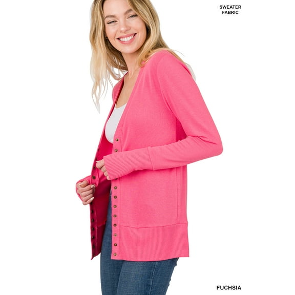 Zenana Women & Plus Classic Front V-Neck Thin Snap Button Down Long Sleeve Ribbed Knit Cardigan