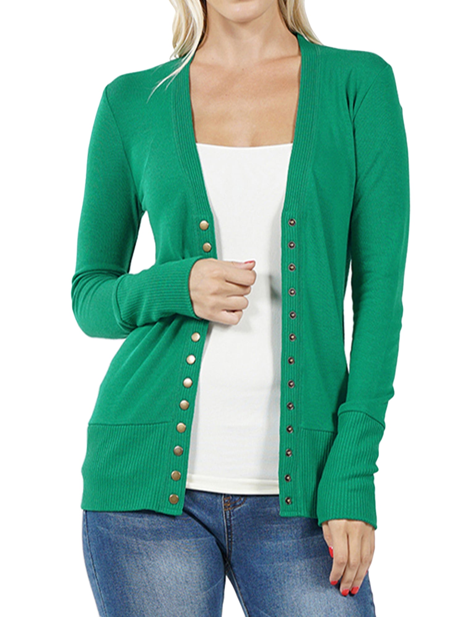 Women's Lightweight V-Neck Cardigan - Ribbed Detail Snap Button Sweater | Stretchy Long Sleeve Layering Piece S-3XL 3 thumbnail image