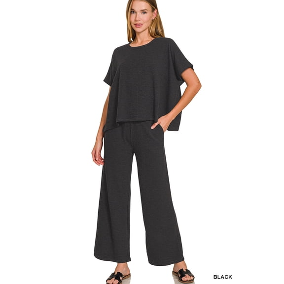 Zenana Women’s Cotton Slub Short Sleeve Top & Elastic Waistband Pants Set