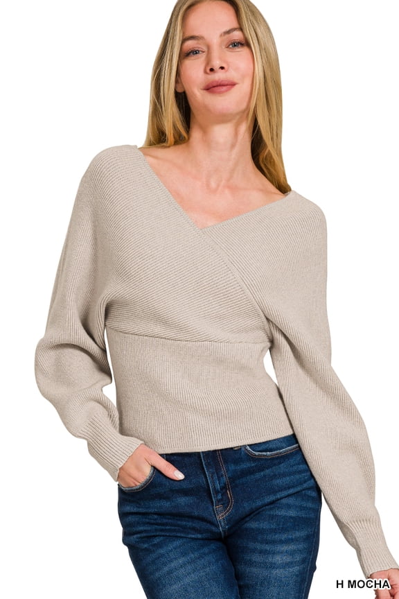 Women's Elegant Long Sleeve Deep V-Neck Cross Front and Back Wrap Pullover Sweater