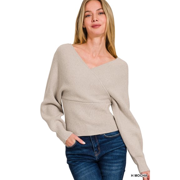 Zenana Women's Elegant Long Sleeve Deep V-Neck Cross Front and Back Wrap Pullover Sweater