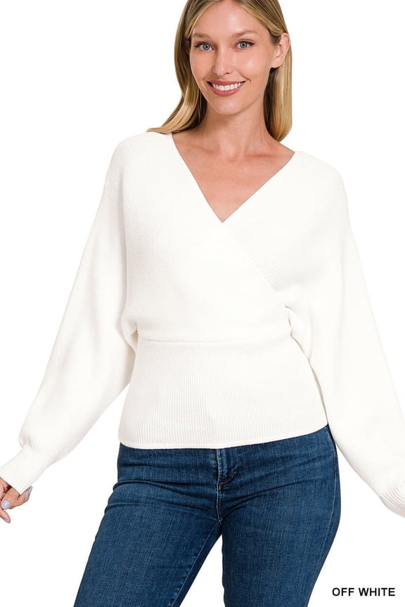 Women's Elegant Long Sleeve Deep V-Neck Cross Front and Back Wrap Pullover Sweater