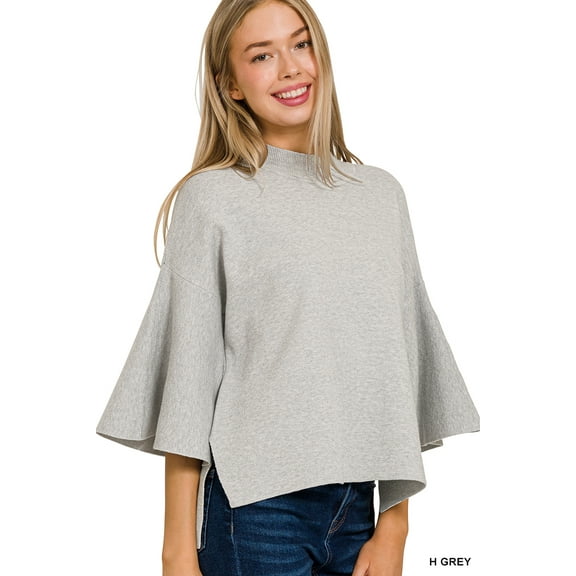 Zenana Women's Elegant Relaxed Fit Bell Sleeve Cropped Irregular Hem Light Sweater